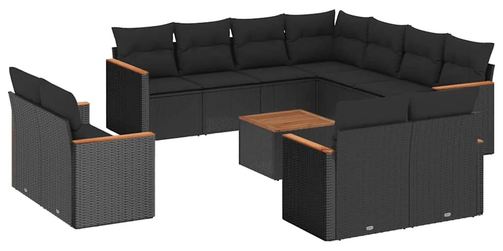 3226503 vidaXL Градински диван с възглавници, 12 части, черен, полиратан