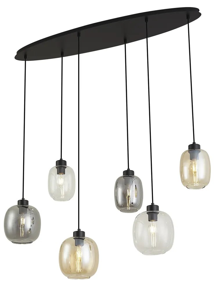 Висяща лампа черна с кехлибарено, димно и прозрачно стъкло 6 светлини - Елена