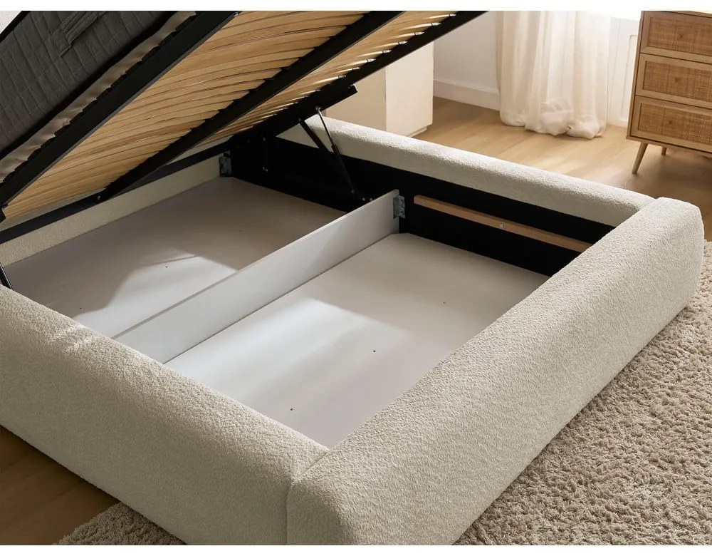 Бежово тапицирано двойно легло с място за съхранение с включена подматрачна рамка 140x190 cm Orlane – Bobochic Paris