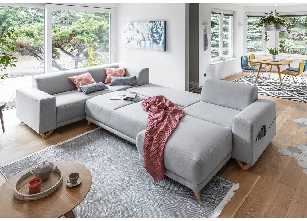Светлосив разтегателен/с място за съхранение ъглов диван (ляв ъгъл/U форма) Classy Sophie – Miuform