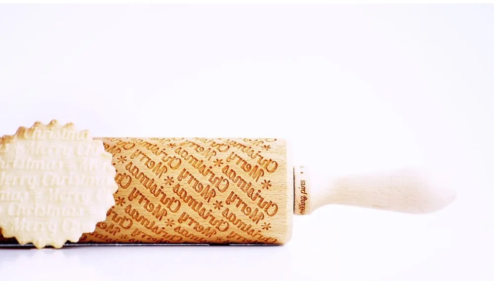 Дървен коледен релефен валяк за тесто с Merry Christmas - Valek