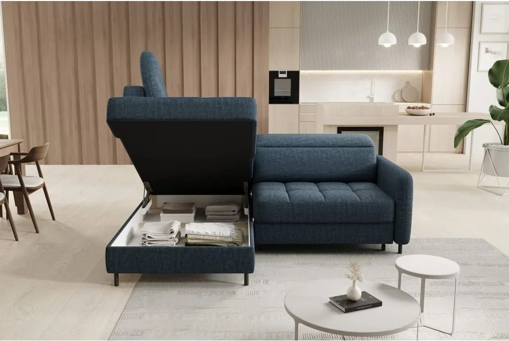 Син кадифен разтегателен ъглов диван с място за съхранение (ляв ъгъл L форма) Barea – ELTAP