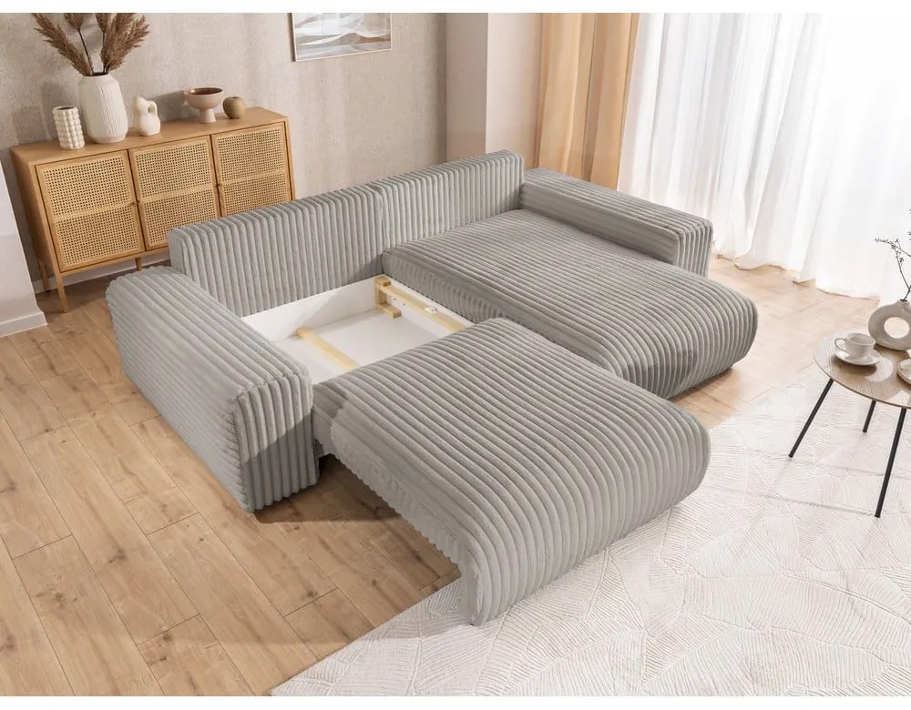 Светлосив разтегателен ъглов диван от рипсено кадифе с място за съхранение (десен ъгъл) Sarina – Ropez