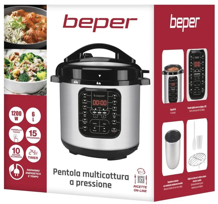 Мултикукър под налягане Beper P101COS001, 1200W, 15 програми, 6 литра, Таймер, Инокс/черен