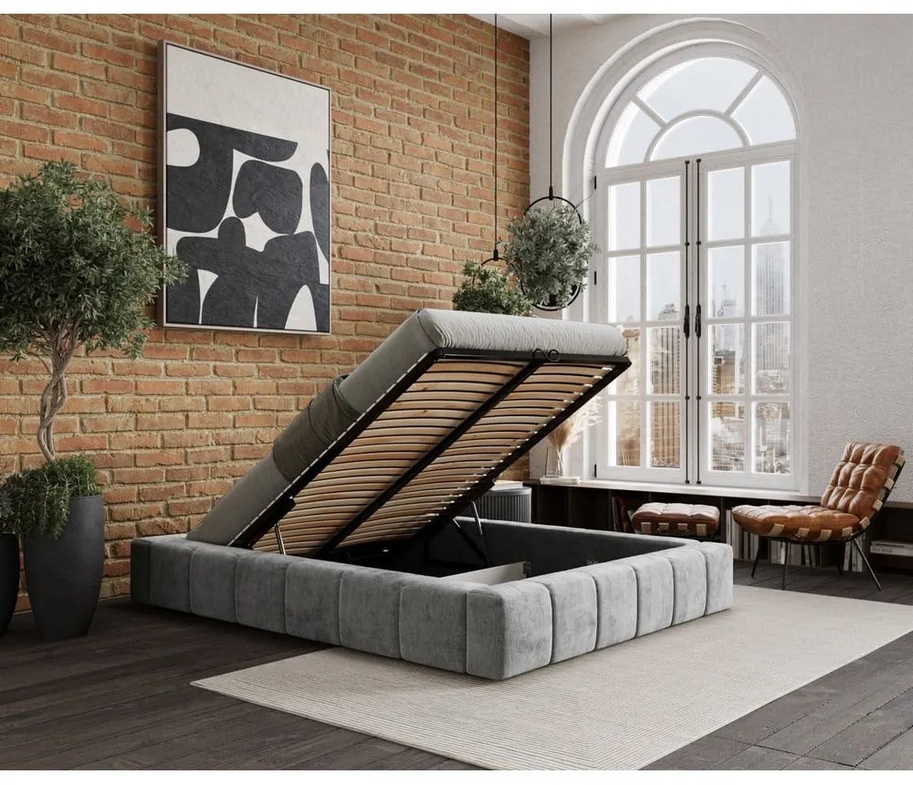 Светлосиво тапицирано двойно легло с място за съхранение с включена подматрачна рамка 200x200 cm Aruba L – Maison de Rêve