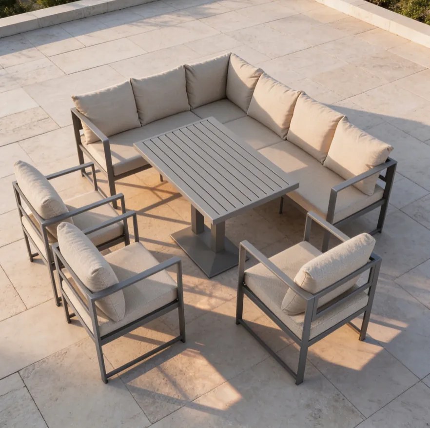 Голям ъглов комплект с фотьойли и регулируема маса XL-NM-2006 - сив + бежови възглавници