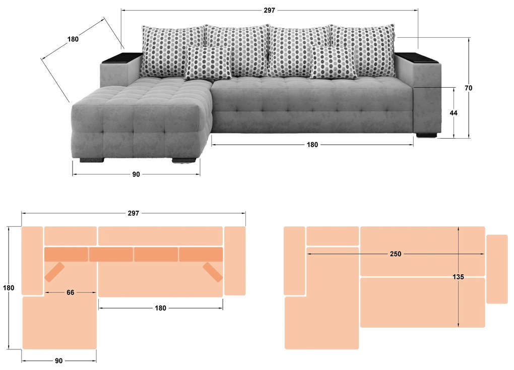 Разтегателен ъглов диван с подлакътник етажерка Мелвин