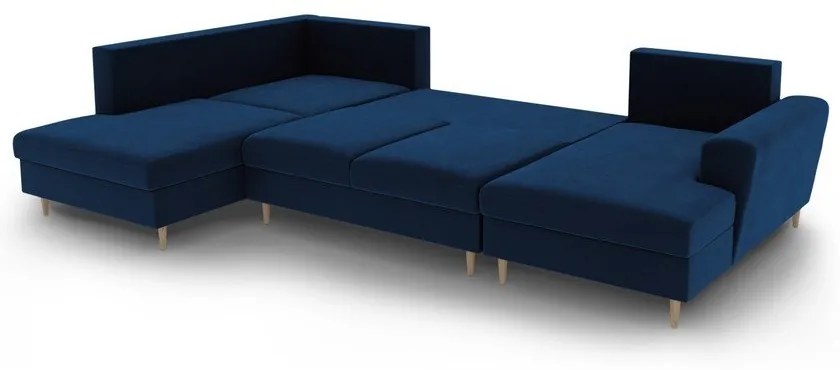 Син кадифен разтегателен ъглов диван с място за съхранение (ляв ъгъл/U форма) Kyoto – Cosmopolitan Design