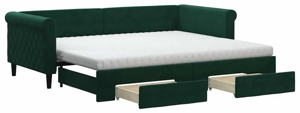 3197845 vidaXL Канапе изтеглящо легло и чекмеджета тъмнозелен 90x200 см кадифе