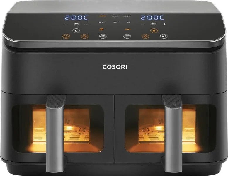 Втора ръка: Двоен фритюрник с горещ въздух Cosori Dual Basket CAF-R901-AEU, 1750 W, 8.5 л, 8 програми, Таймер, Touch screen, Черен