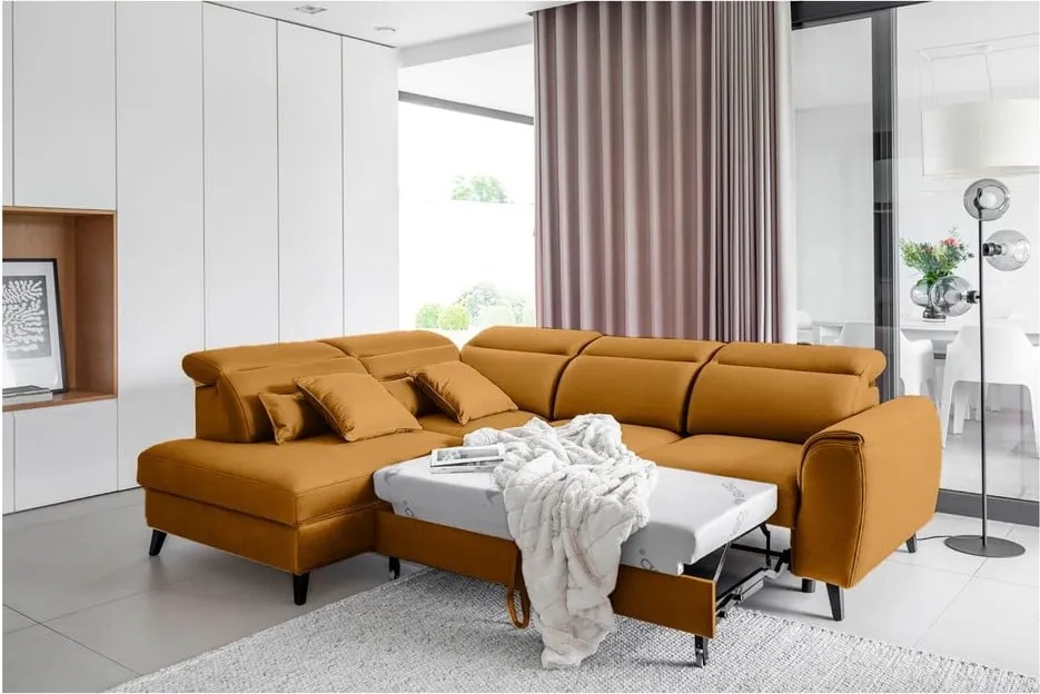 Жълт кадифен разтегателен ъглов диван с място за съхранение (ляв ъгъл L форма) Noble – ELTAP