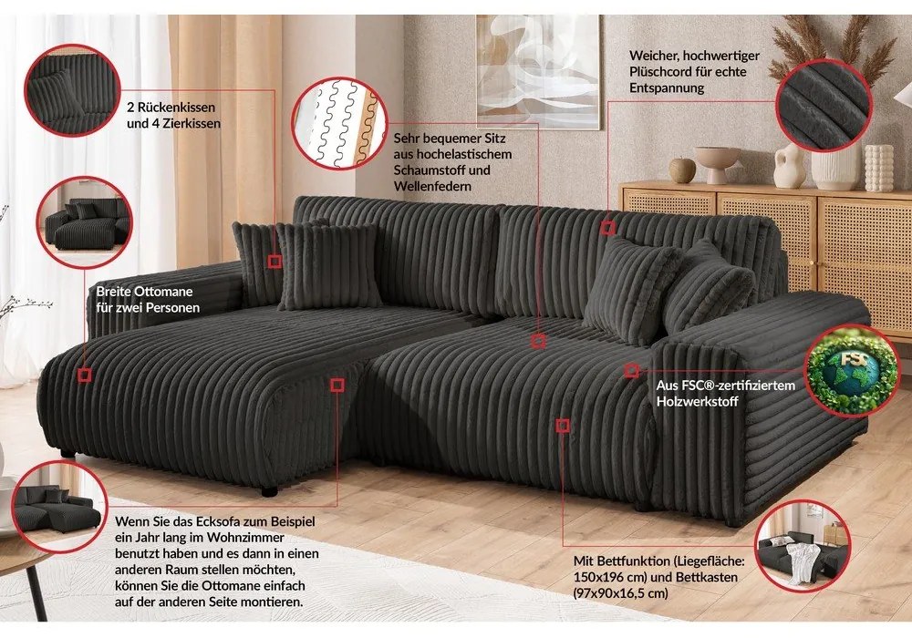 Тъмносив разтегателен ъглов диван от рипсено кадифе с място за съхранение (ляв ъгъл) Sarina – Ropez