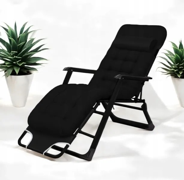 Градински шезлонг с черна рамка и възглавница Син