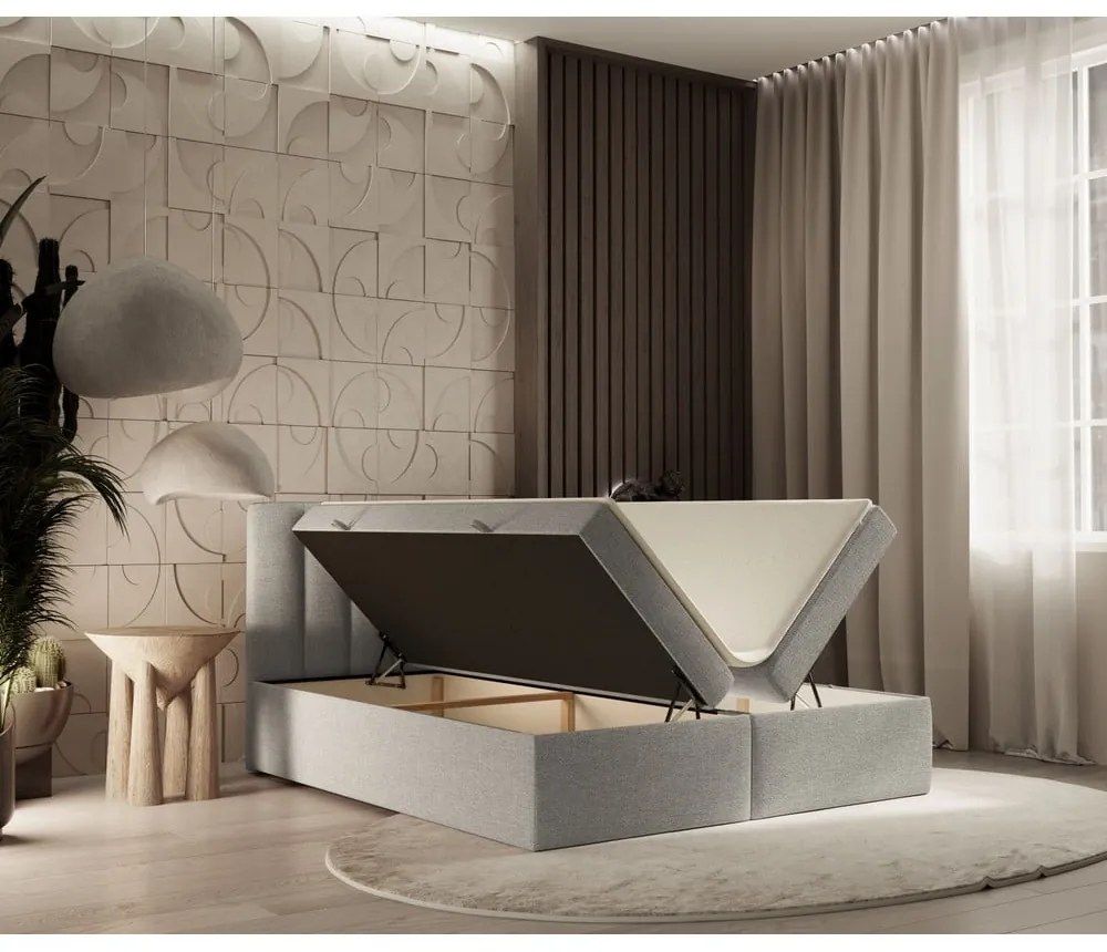 Светлосиво боксспринг легло с място за съхранение 140x200 cm Novento – Maison de Rêve