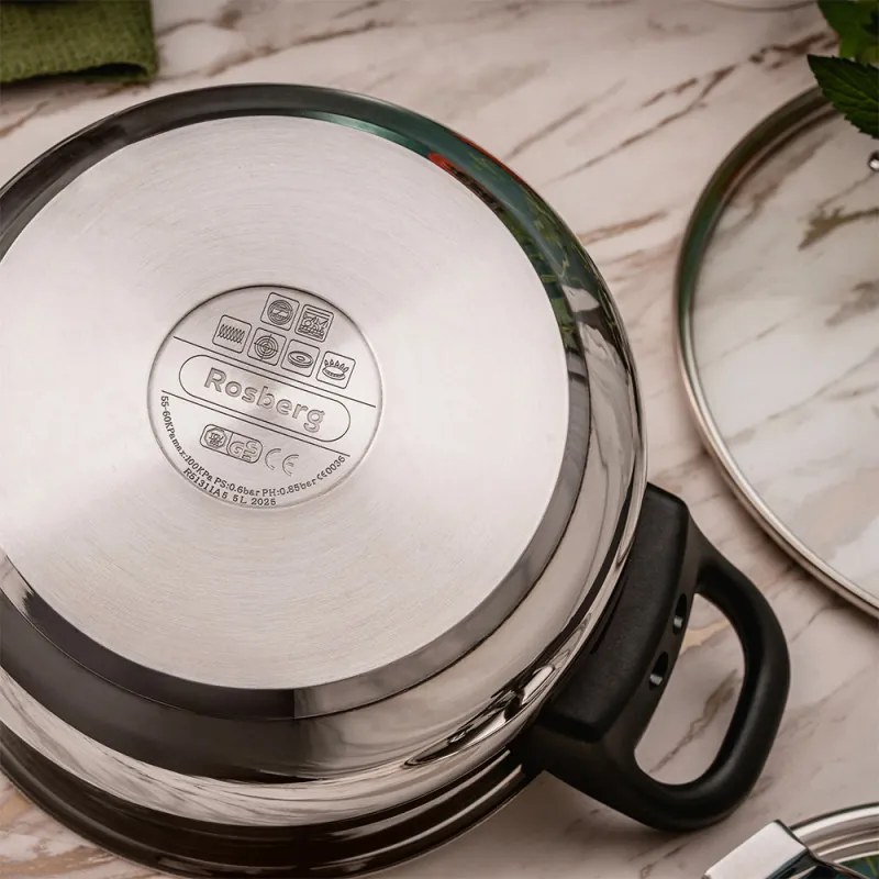 Тенджера под налягане Rosberg R51311A7, 7 литра, 2 капака, Индукция, Трислойно дъно, Инокс