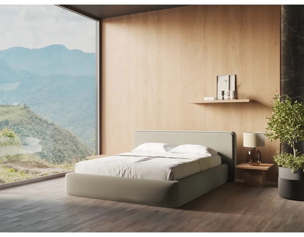 Бежово двойно тапицирано легло с място за съхранение и включена подматрачна рамка 140x200 cm Kiana – Makamii