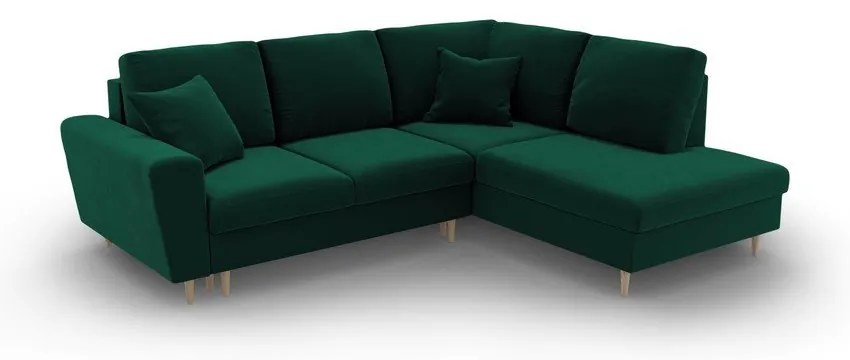Зелен кадифен разтегателен ъглов диван с място за съхранение (десен ъгъл/L форма) Kyoto – Cosmopolitan Design