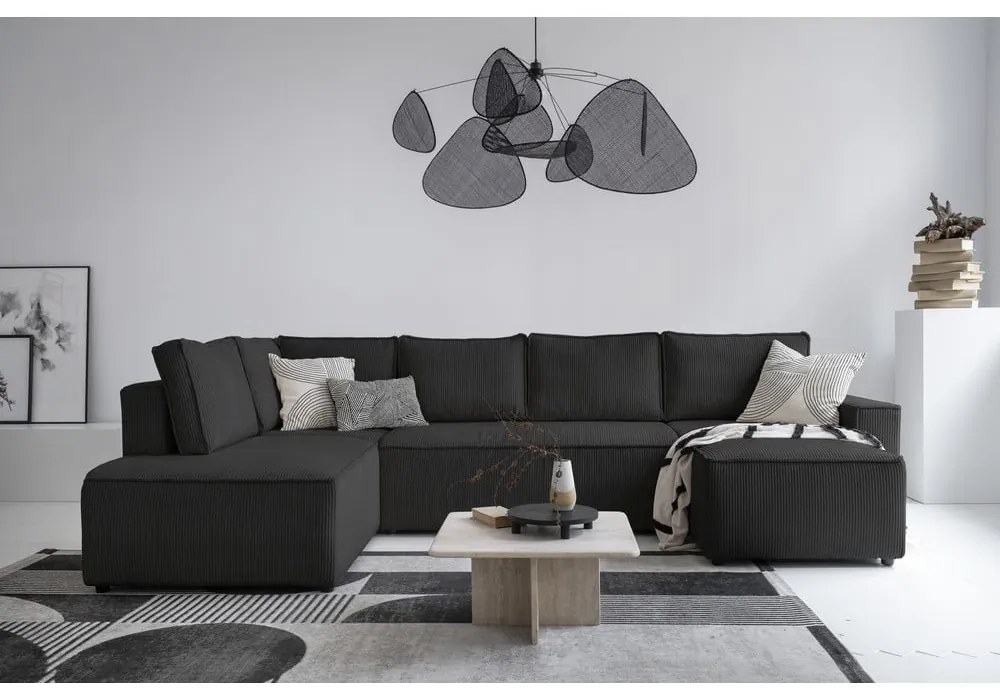 Антрацитен разтегателен ъглов диван от рипсено кадифе (ляв ъгъл/"U" форма) Brave Dave – Miuform