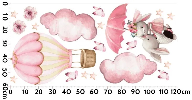 Детски стикери за стена - пастелни зайци, балони и пеперуди Ширина: 150 см | Дължина: 300 см