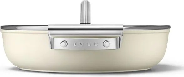 Плитка тенджера с капак Smeg DPF2812CRM, 28 см, 4.3 л, Керамично незалепващо покритие, Фурна до 250C, Без PFAS, Индукция, Крема