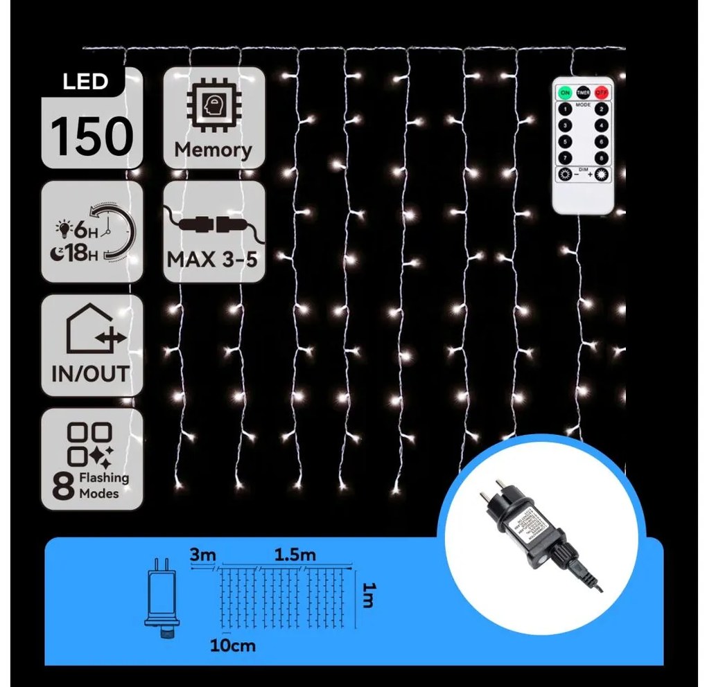 Aigostar - LED външна коледна гирлянда 150xLED/6W/230V/8 функции 1,5x1m IP44 студено бяло+дистанционно управление