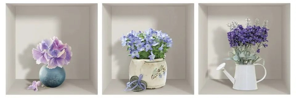 Комплект от 3 3D стикера за стена Лилави букети - Ambiance