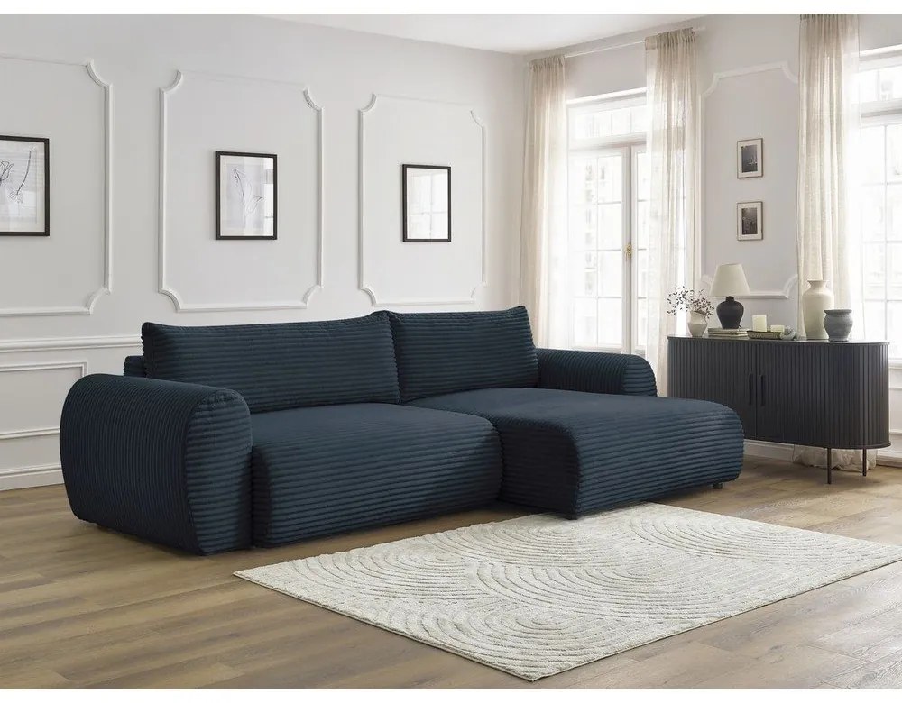 Тъмносин разтегателен ъглов диван от рипсено кадифе (десен ъгъл) Lucien – Bobochic Paris