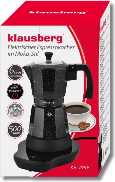 Електрическа кубинска кафеварка Klausberg KB 7998, 500W, 6 чаши, Вграден нагревател, Предпазен клапан, Черен мрамор