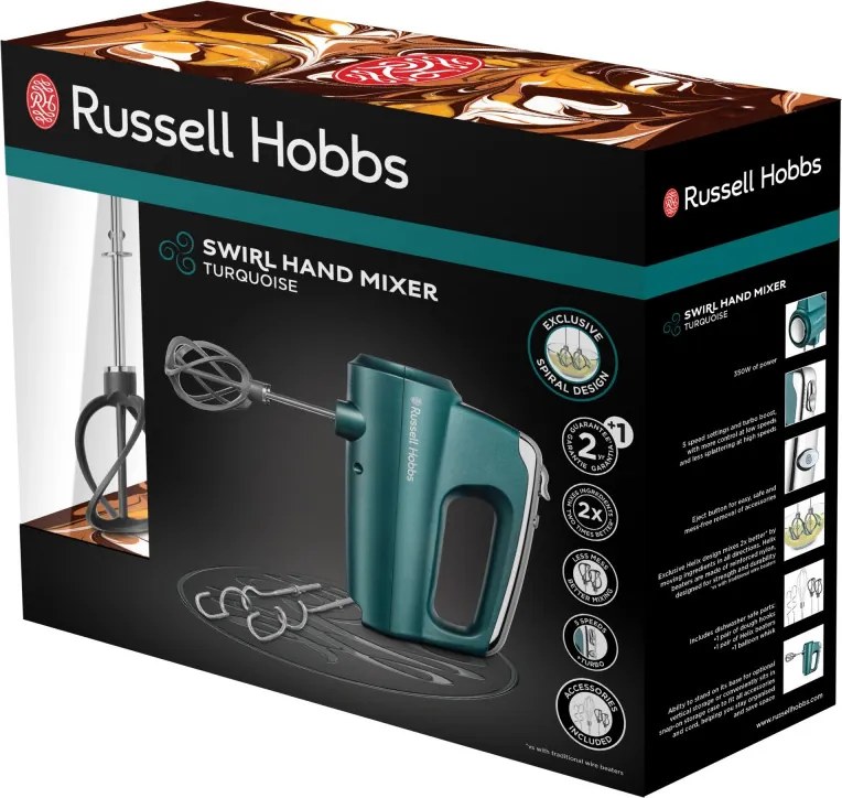 Ръчен миксер Russell Hobbs Swirl 25891-56, 350W, 5 скорости, Турбо, Бутон за приставки, High Performance Helix Beater, Без BPA, Тюркоаз