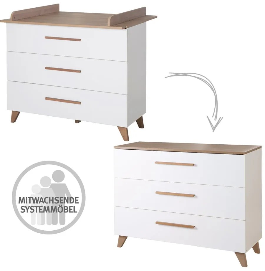 Нисък детски скрин от дъб с масичка за преповиване в бял и естествен цвят 110x98 cm - Roba