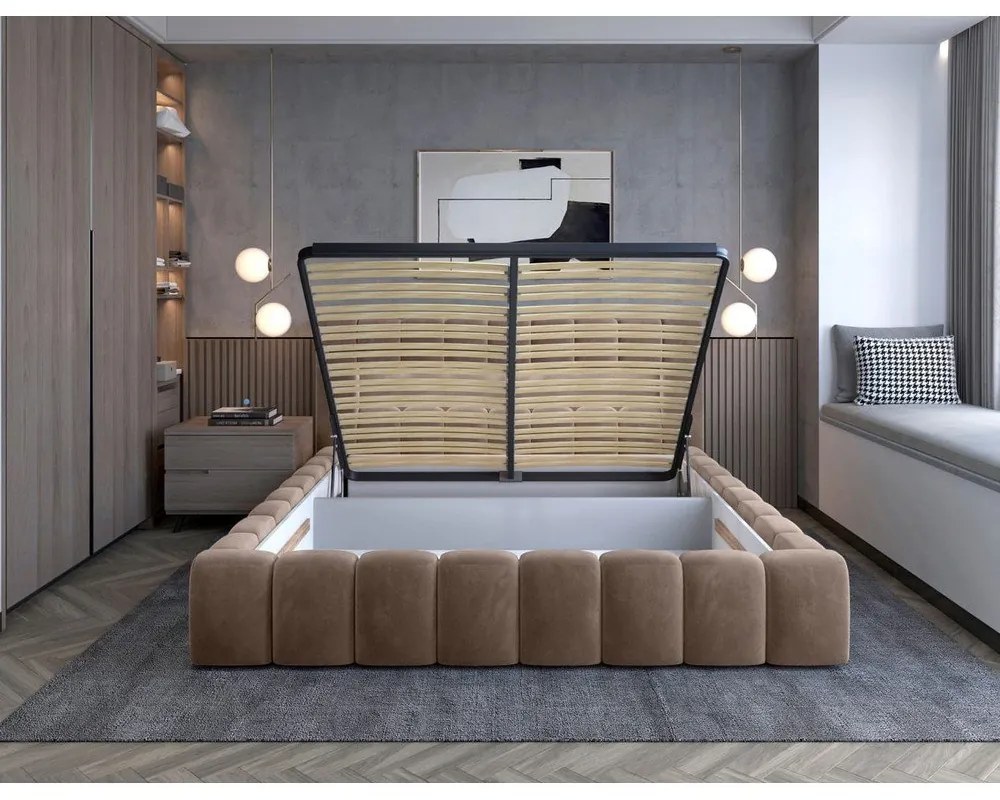 Светлокафяво двойно легло 180x200 cm тапицирано с място за съхранение с включена подматрачна рамка Lamica – ELTAP