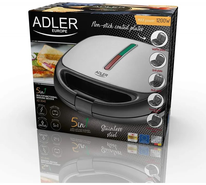 Уред за сандвичи и десерти Adler AD 3040, 1200W, 5 вида плочи, Незалепващо покритие, Черен/инокс