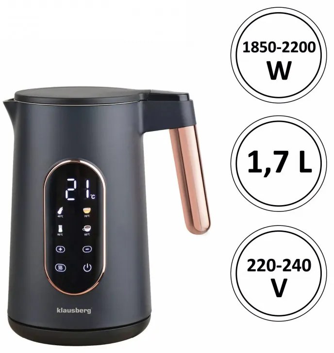 Електрическа кана Klausberg KB 7892, 2200W, 1.7 л, 13 настройки, 4 програми, LED дисплей, Въртяща се основа, Черен/Розово злато