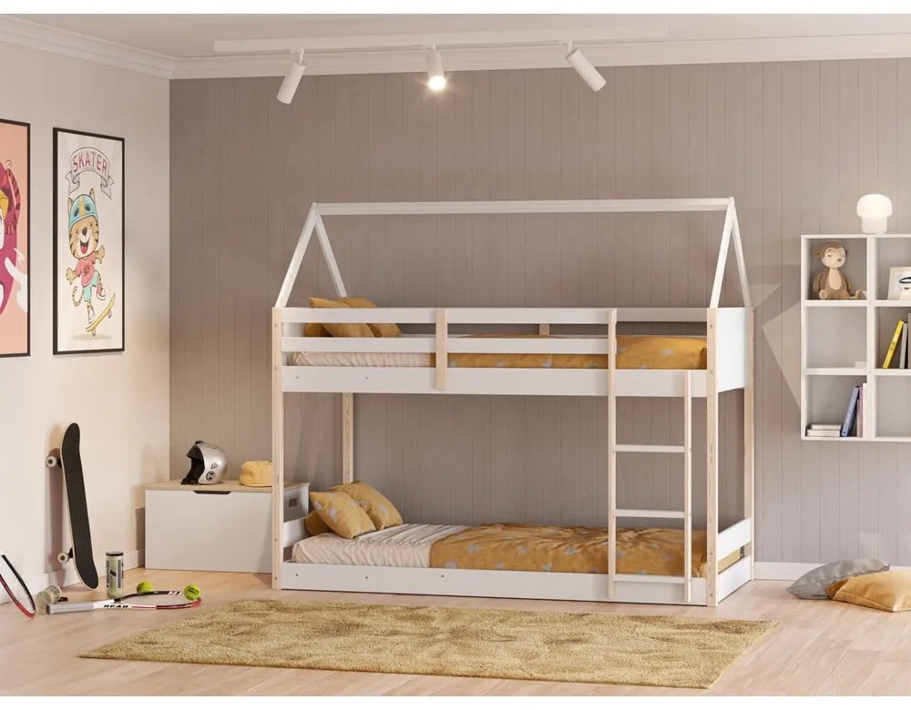 Двуетажно детско легло тип къща в бял и естествен цвят 90x190 cm Valka – Marckeric