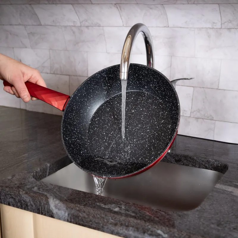 Комплект тенджери и тигани Royalty Line FD10, 10 части, Лят алуминий, Greblon мраморно покритие, Индукция, Червен