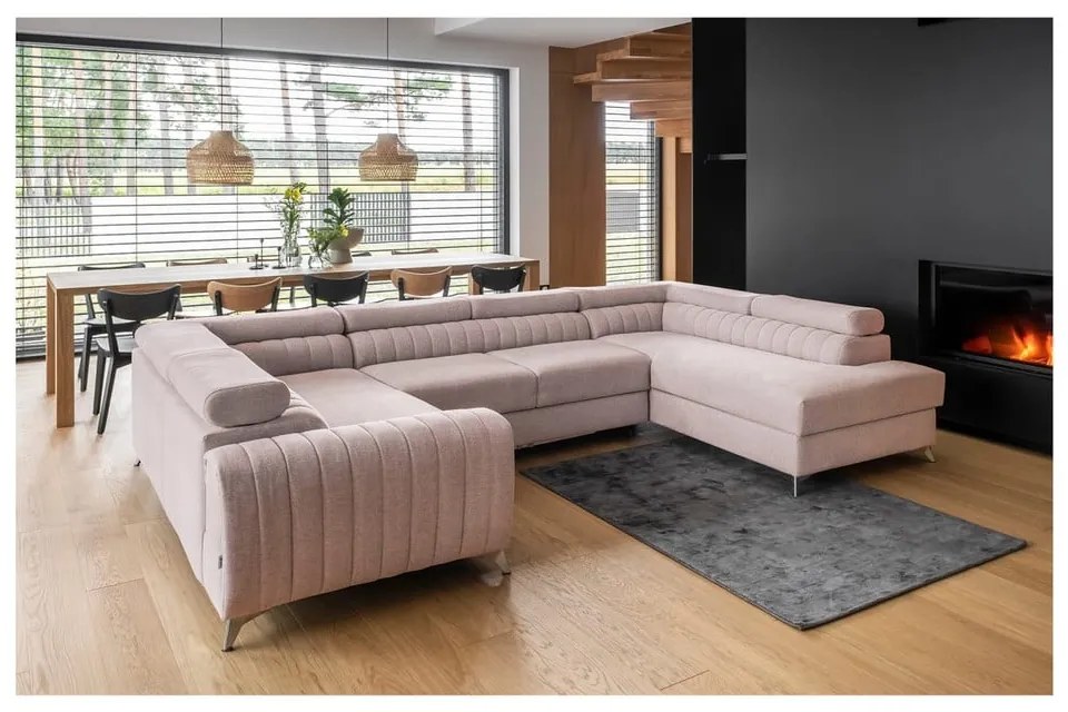Розов сгъваем/с място за съхранение ъглов диван (десен ъгъл/U форма) Louis – ELTAP
