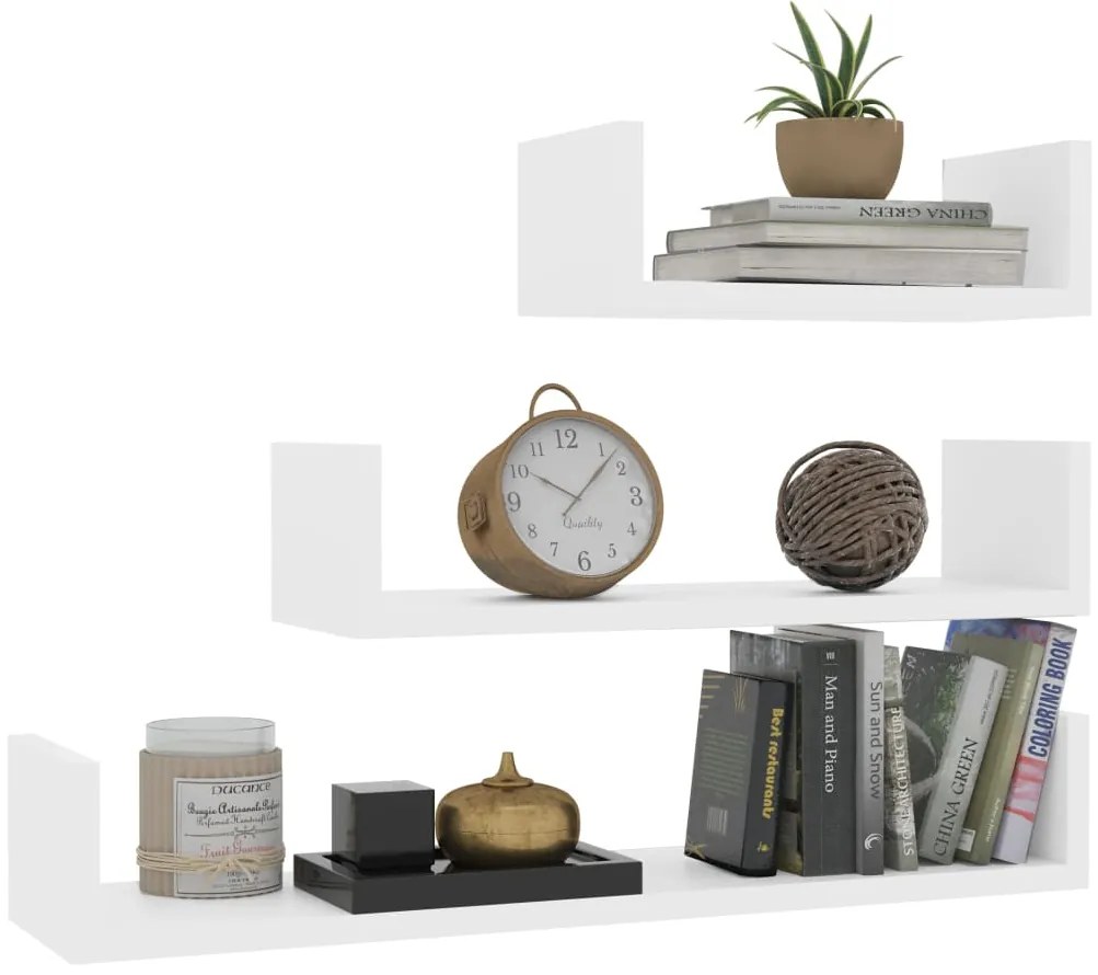 Стенни рафтове, 3 бр, бели, инженерно дърво