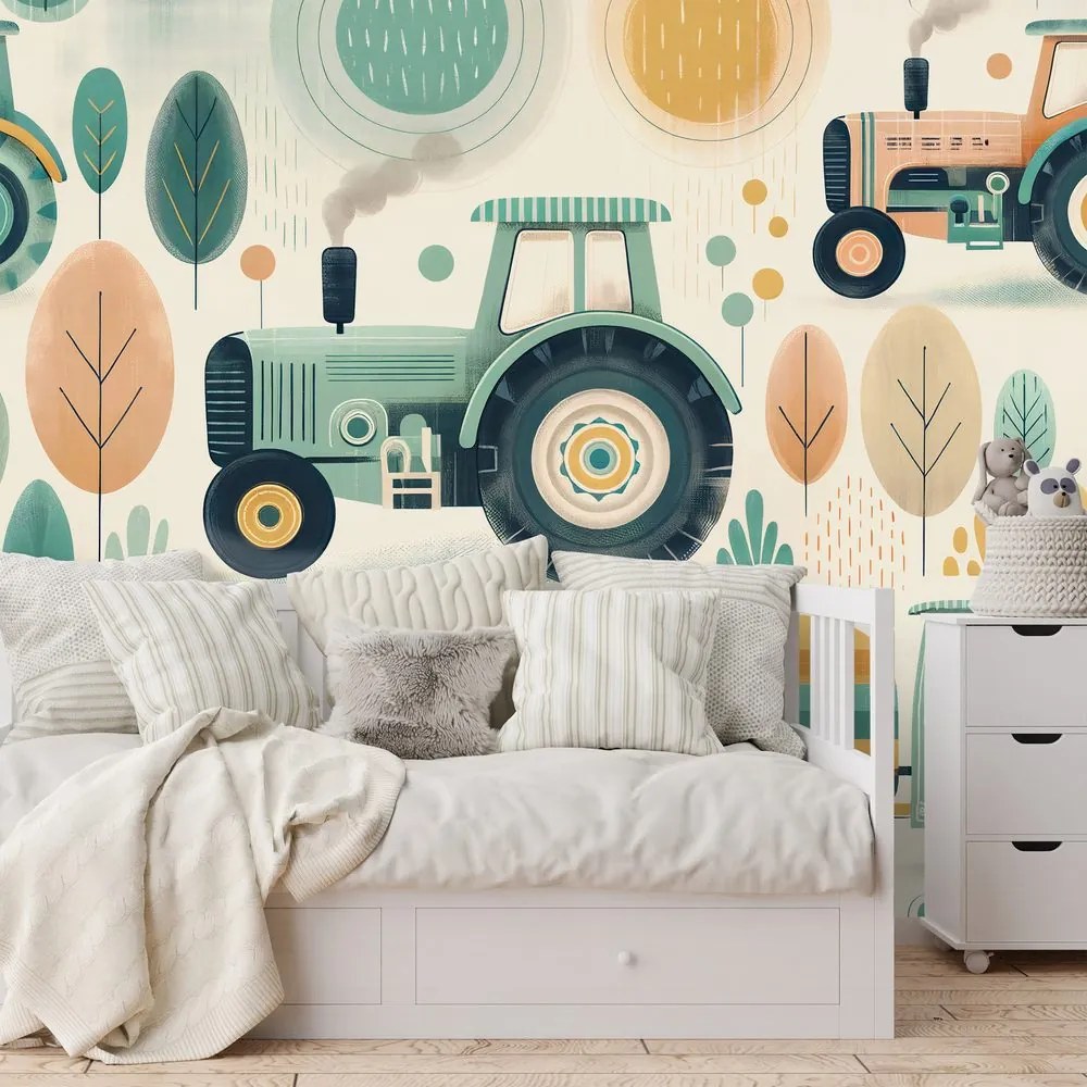 Тапет – Детски трактори в пастелни цветове