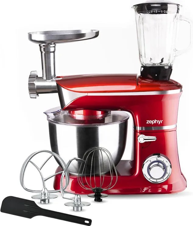 Кухненски робот 3в1 ZEPHYR ZP 1115 QBM, 1900W, 6.5 литра, Блендер, Миксер, Месомелачка, Червен