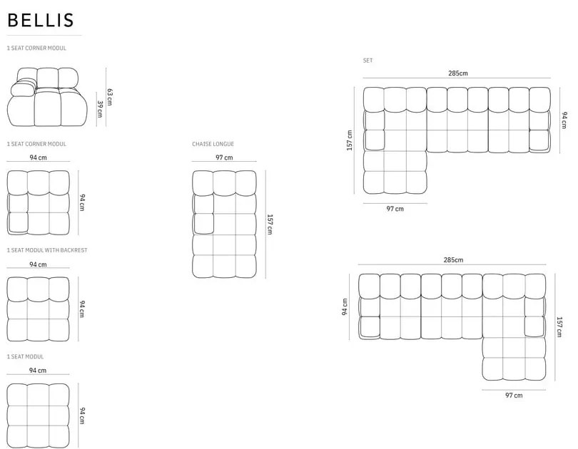 Тъмносив кадифен диван 285 cm Bellis - Micadoni Home