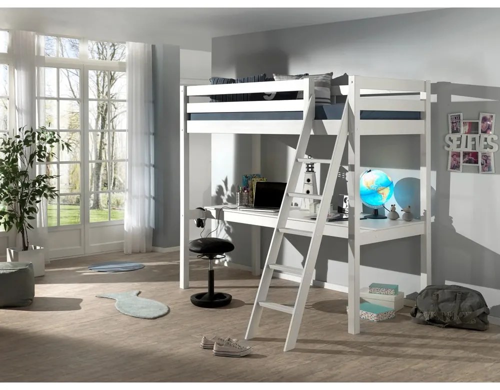 Бяло повдигнато детско легло от масивен бор 140x200 cm PINO – Vipack