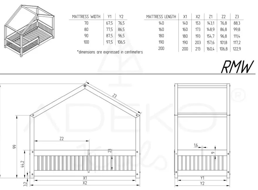 Детско легло къща от масивен бор в естествен цвят 120x200 cm Mila RMW – Adeko