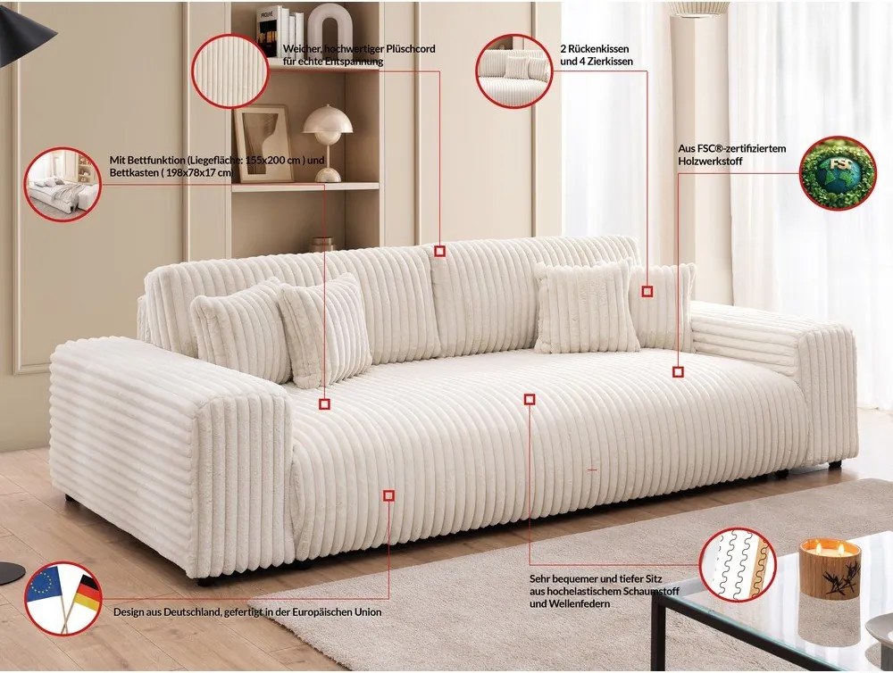 Кремав разтегателен диван с място за съхранение от рипсено кадифе 260 cm Justin – Ropez