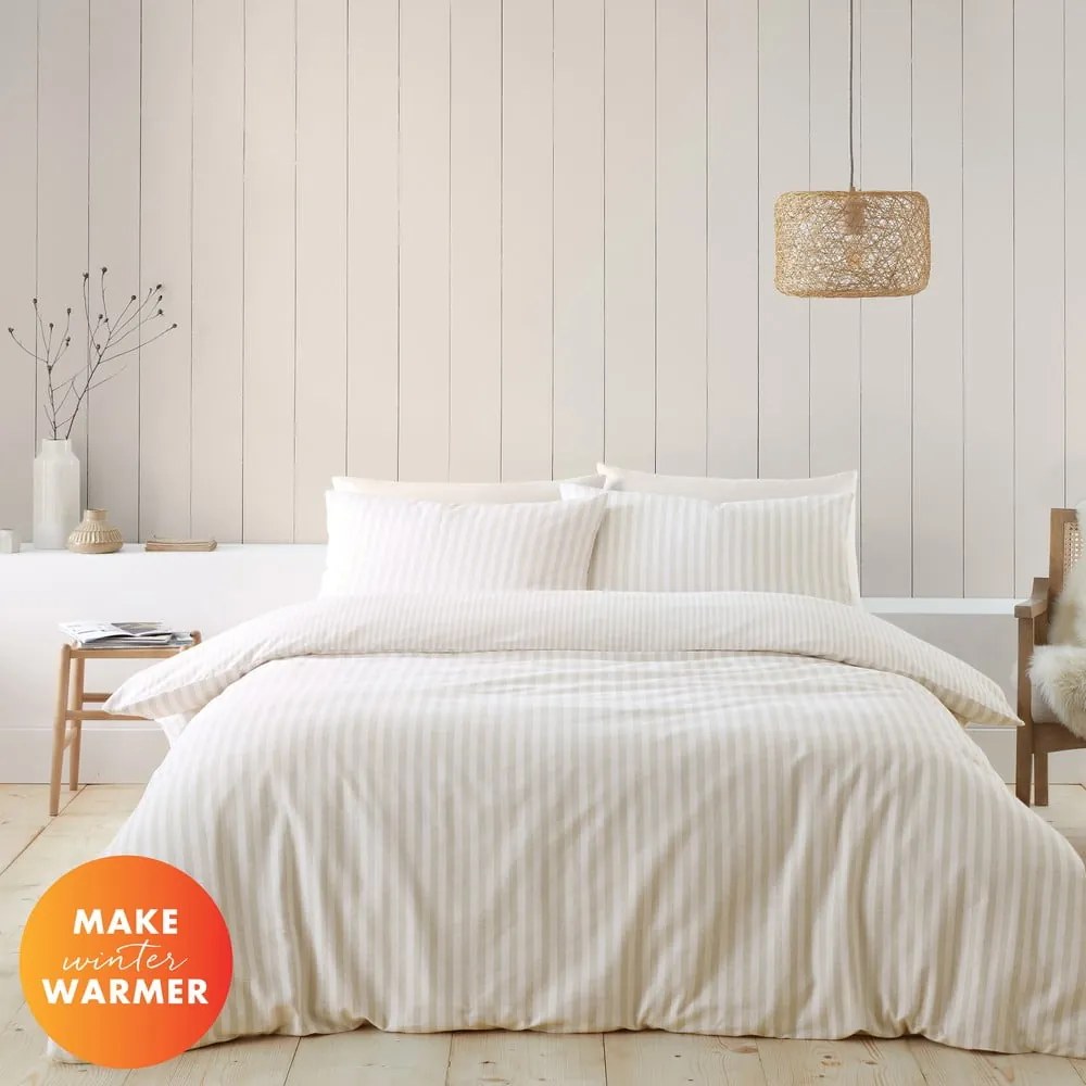 Бежово-кремаво двойно удължено фланелено спално бельо 230x220 cm Stripe – Catherine Lansfield