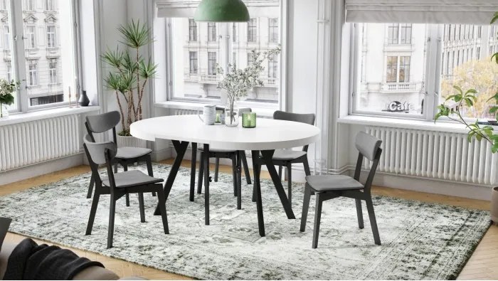 ЕКСПАНСО Бял мат/черни крака - ГОЛЯМА КРЪГЛА МАСА Ø110 РАЗТЕГАТЕЛНА ДО 310 cm С КРАКА Y ЛОФТ/ИНДУСТРИАЛНА