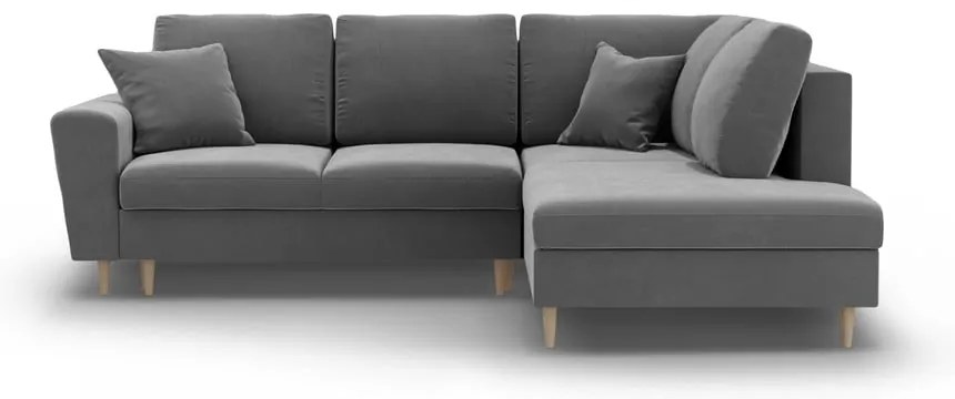 Светлосив кадифен разтегателен ъглов диван с място за съхранение (десен ъгъл/L форма) Kyoto – Cosmopolitan Design