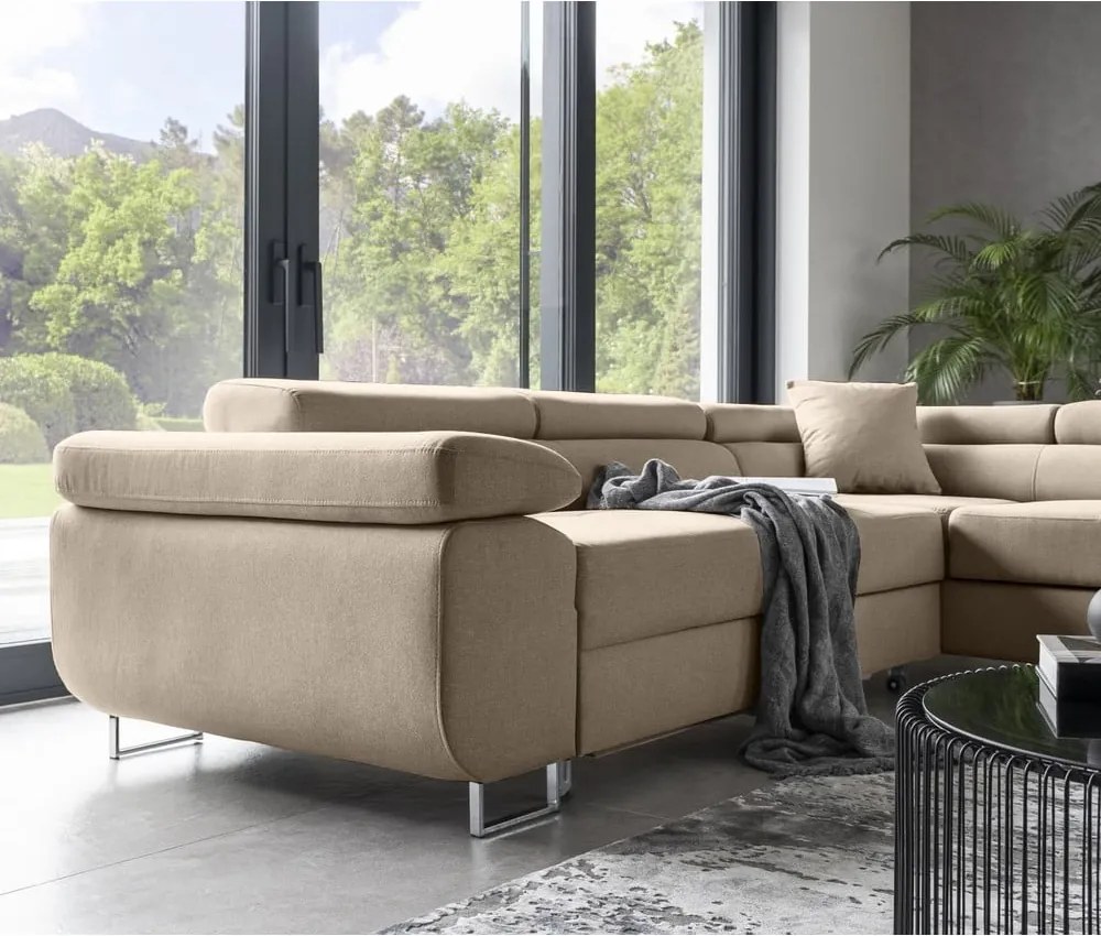 Бежов разтегателен ъглов диван с място за съхранение (десен ъгъл L форма) Anton – ELTAP