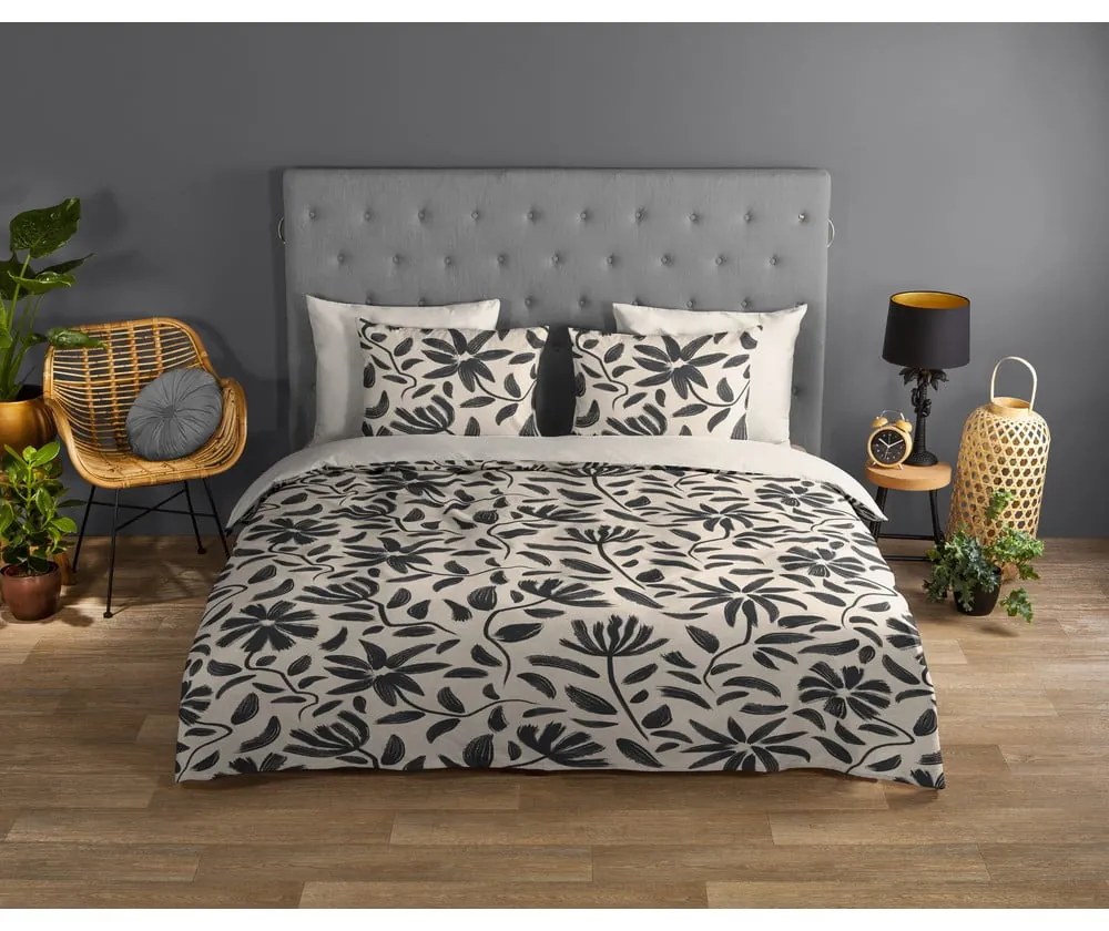 Черно-бежово двойно удължено памучно спално бельо 200x220 cm Emilia – Good Morning