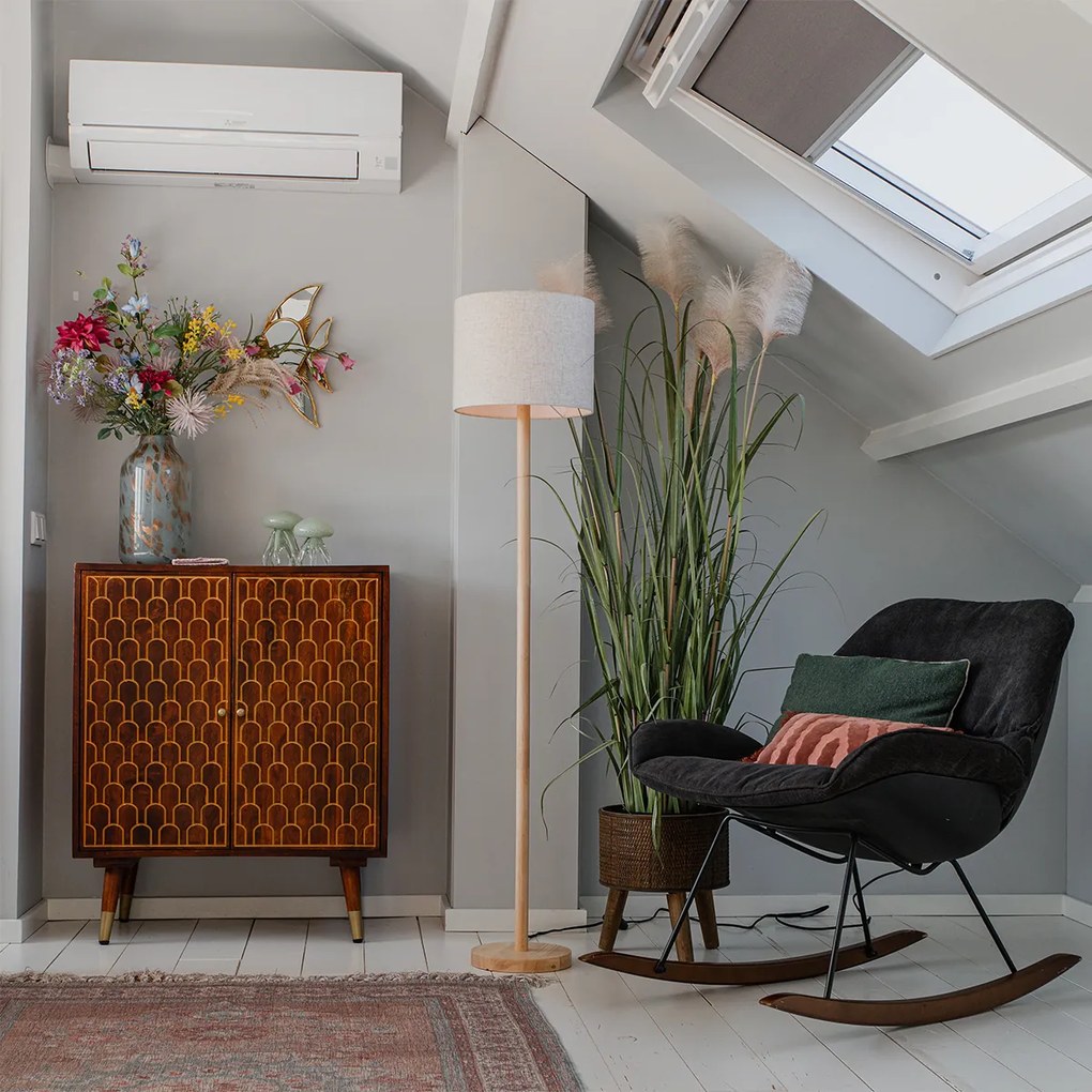 Ръстикална подова лампа дърво с ленен абажур бежов 32 см - Mels