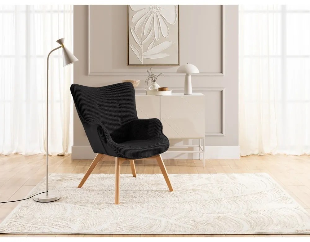 Черен фотьойл с табуретка от рипсено кадифе Niko – Ropez